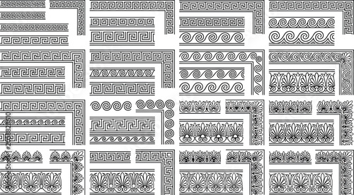 Ancient greek border patterns and corner ornaments set with meander, wave, and palmette decorative elements