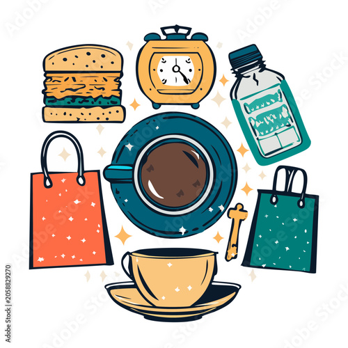 Flat design illustration of coffee and daily life objects