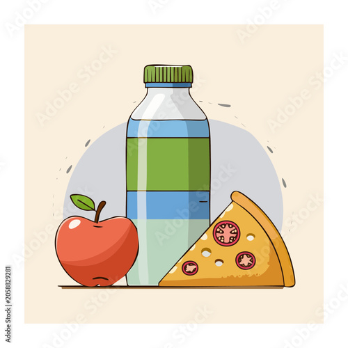 Flat design illustration of water bottle, apple, and pizza slice