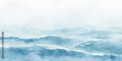 Abstract blue watercolor wash background featuring rolling ocean waves, delicate paint splashes, soft blurred white haze, flowing sea layers and elegant horizontal artistic texture