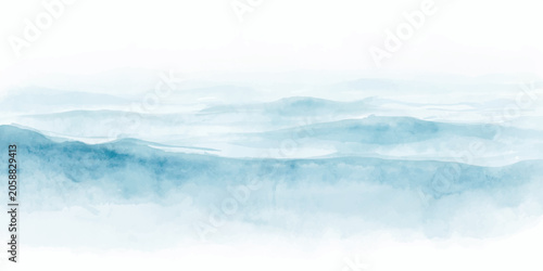 Abstract light blue watercolor ocean wave background with soft ink wash texture, misty white horizon, flowing aqua sea layers, blue paint splashes and delicate artistic strokes in a serene coastal lan