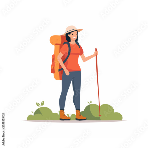 Woman hiker with backpack and pole, flat design