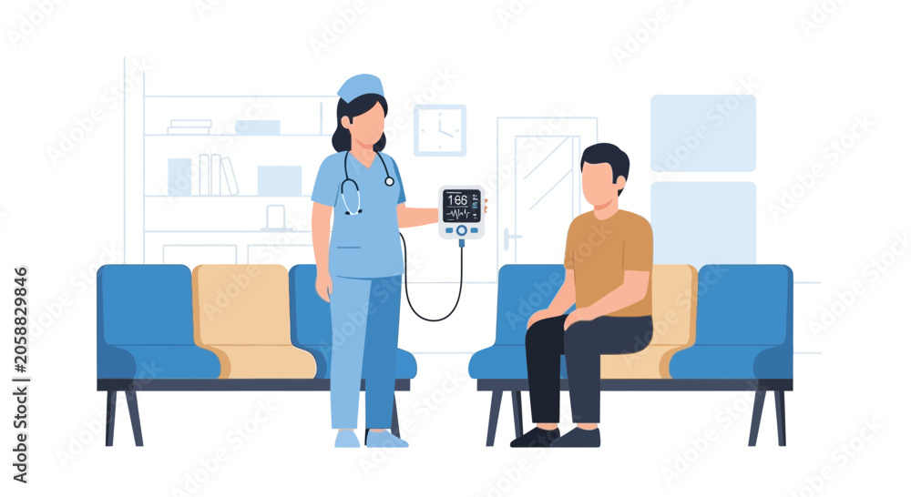 Fototapeta premium Nurse checks patient's blood pressure in clinic waiting room, vital signs monitoring concept