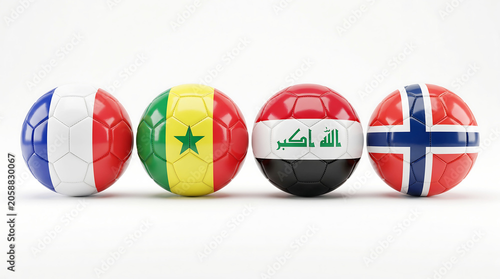 Naklejka premium Spheres with france, senegal, iraq, and norway flags