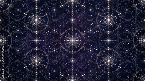 Fényképezés Seamless pattern with celestial stars, constellations and sacred geometry