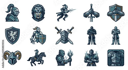Fotografie Medieval knight and fantasy warrior mascot icon set