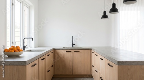 Modern minimalist kitchen interior with light wood cabinets and concrete countertops.