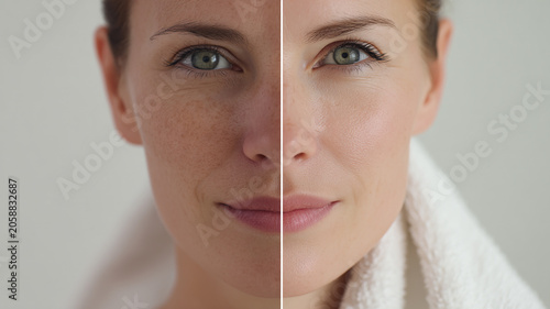 before and after skin brightening concept, left slightly dull uneven tone, right brighter even glowing skin