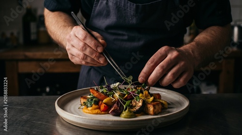 Professional chef carefully plating a gourmet dish with tweezers in a restaurant kitchen.