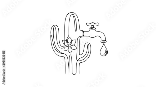 Minimalist continuous line art of a cactus with a faucet and water drop, desert concept