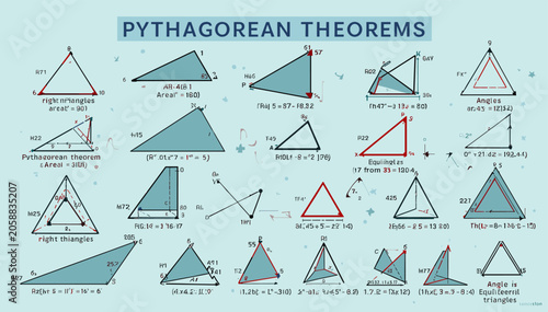 Tableau sur toile A comprehensive diagram illustrating various Pythagorean theorems and geometric triangle properties for educational purposes