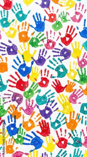 Multicolored handprints painted by many kids on white background. International Childrens Day celebration concept. Creative artwork, colorful palm prints for education and play activity.