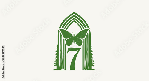 Green Butterfly and Trees Inside Gothic Arch Design.