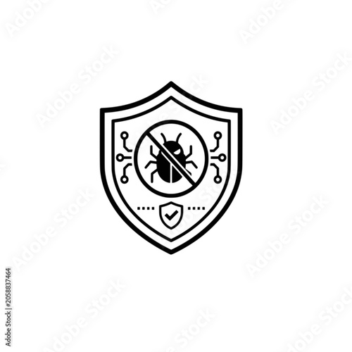 Cybersecurity Shield Icon with Malware Virus Protection and Checkmark for Antivirus Security Vector