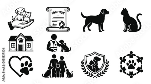 Collection of Pet Adoption and Animal Care Icons.