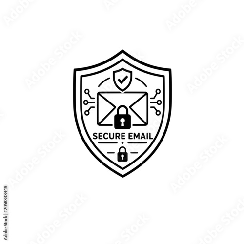 Secure Email Protection Shield Emblem with Envelope Lock and Checkmark for Cyber Security Vector