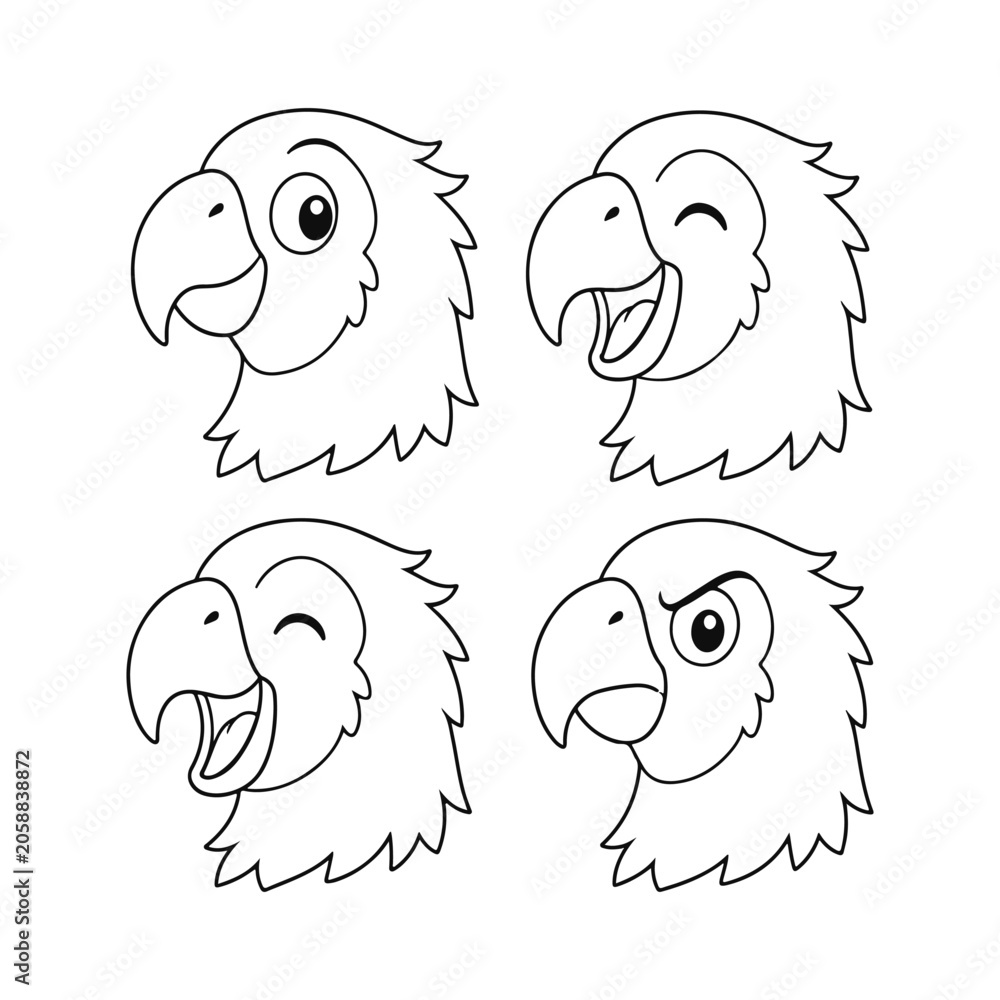 Obraz premium Parrot face set. Set of cute animal doodle emotions on a white background.