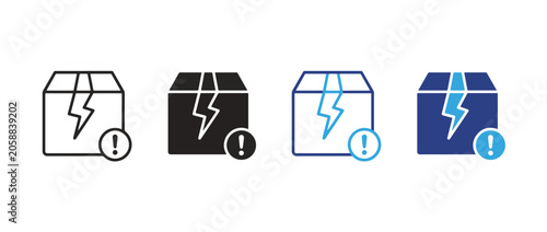 Defect icon set. broken box with alert symbol. product damage and quality issue concept. vector illustration. new
