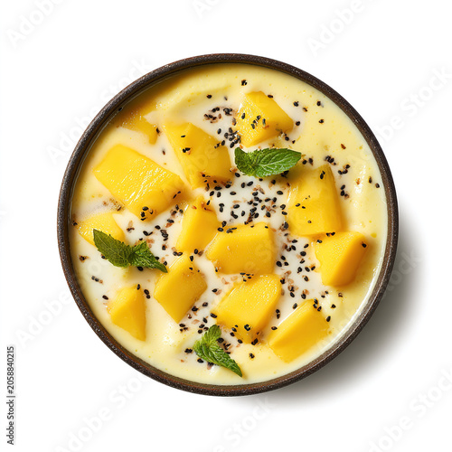 A refreshing jar of chia seed pudding topped with diced fresh mango, with a whole mango and a sliced mango in the background.