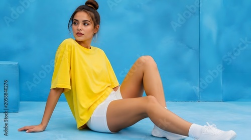 Young Woman Casual Fashion Style Sitting Down Yellow Tshirt White Shorts
