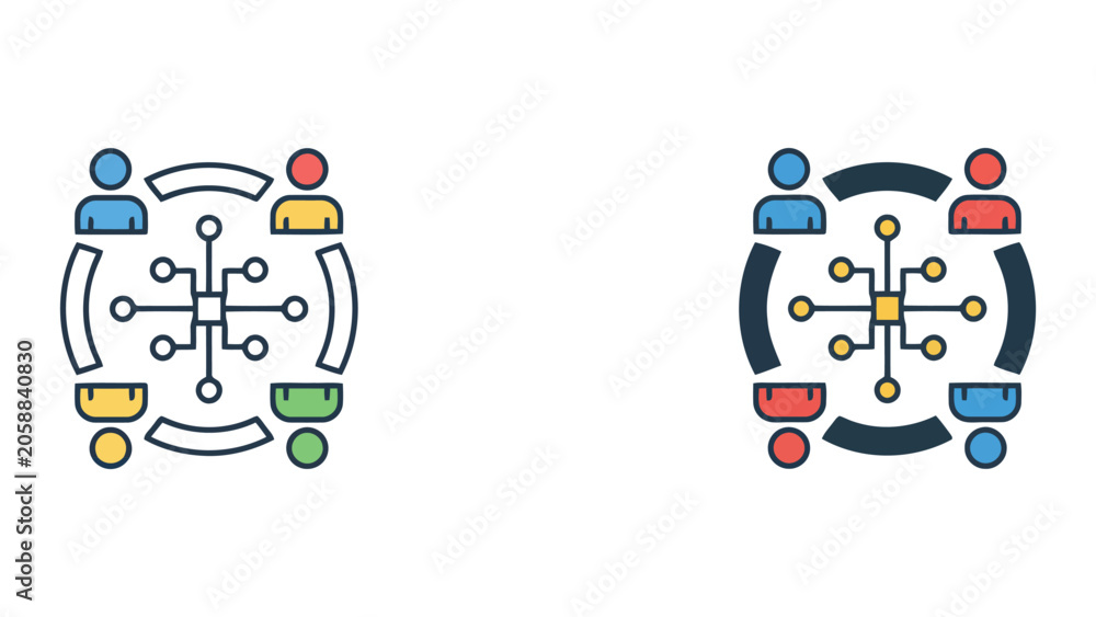 Naklejka premium Network collaboration vector icon featuring diverse team members connected by digital infrastructure for enterprise communication