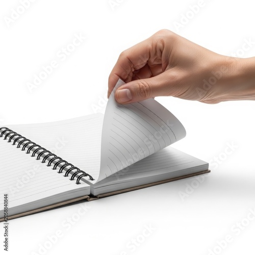 Hand flipping pages of a spiral notebook on a white background