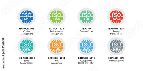 ISO Certification Badge Set with Silver Seal Background, Professional Compliance Labels