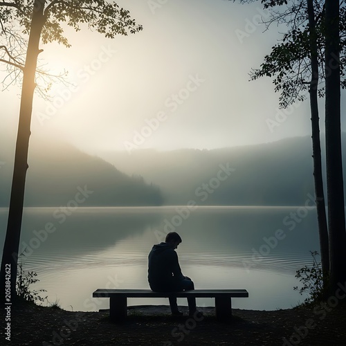 Contemplative person sitting on lakeside bench at dusk.