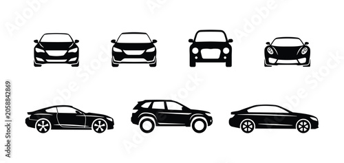 Car Silhouettes: A collection of diverse car icons, showcasing different automotive designs from front and side profiles. Vehicle design, auto variety, transportation collection.