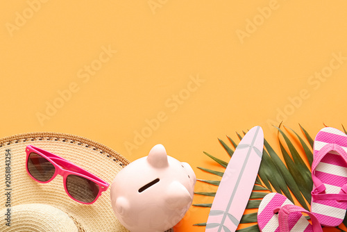 Piggy bank, palm leaf, hat,...
