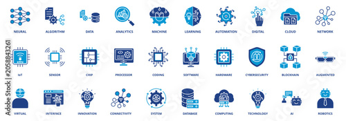 Industry Technology icon set collection in solid glyph dual color style. pack contain neural, algorithm, data, analytics, machine, learning, automation, digital, cloud, network, iot, sens