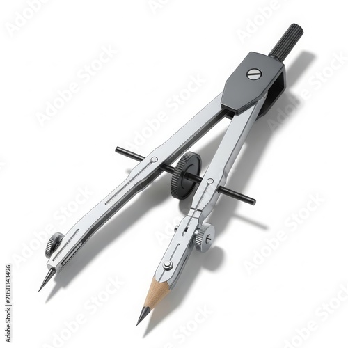 Metal geometry compass tool with pencil, isolated on white