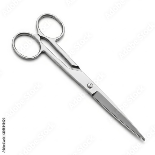 Metal scissors with pointed tips and round handles on white background