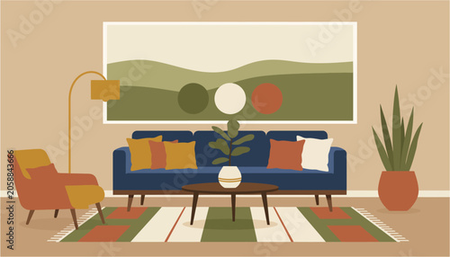Mid-century modern living room with blue sofa armchair and abstract landscape art during soft daylight