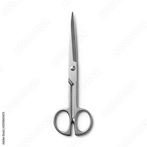 Metal scissors with pointed tips and rounded handles on white background