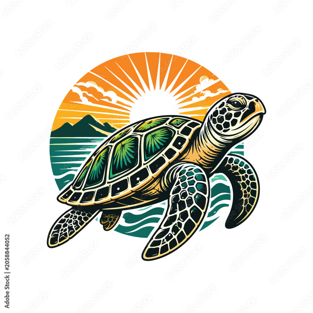 Fototapeta premium Colorful sea turtle swimming at sunset beach with ocean waves vector illustration