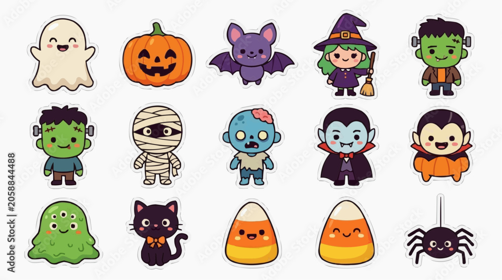Obraz premium Cute Halloween characters collection: ghost, pumpkin, bat, witch, monster, mummy, zombie, vampire, black cat, candy corn, spider. Isolated on white background