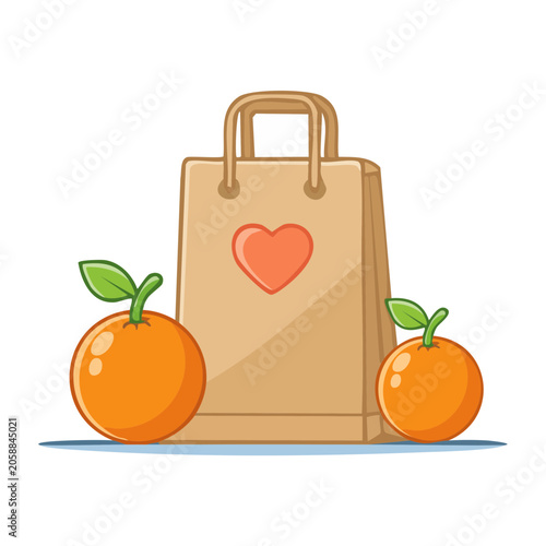 Paper bag with oranges and heart symbol illustration