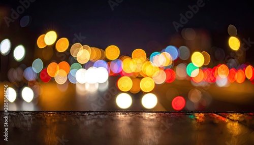 Abstract Bokeh Lights Cityscape at Night with Wet Reflections.