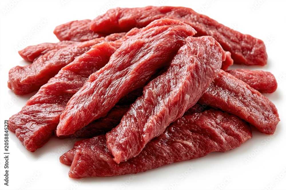 Fototapeta premium A pile of raw, thinly sliced beef strips, ready for cooking, showcasing their vibrant red color and texture.