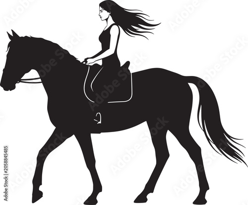 Принти на полотні Silhouette of Woman Riding Horse Isolated on Light Background Representing Eques