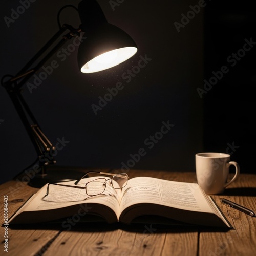 Open book with glasses, lamp, and coffee cup on wooden desk