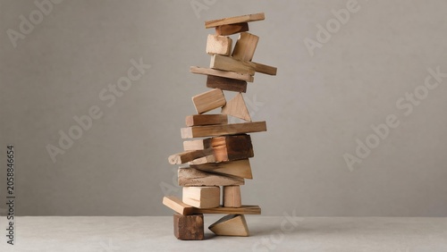 precarious. A precarious tower of wooden blocks stacked at unstable angles. lifestyle magazines, social media lookbooks, designed for lifestyle magazines and social media content.