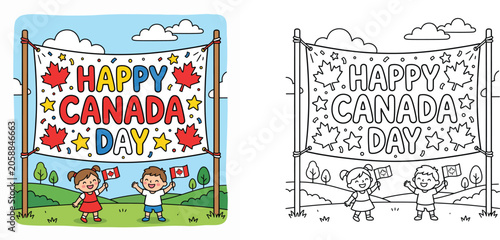 Cuadro en lienzo Happy Canada Day vector illustration and coloring page for kids, featuring cheerful children holding Canadian flags with maple leaves banner, stars, and landscape background