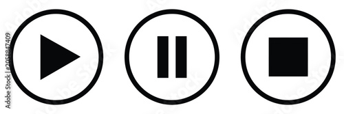 Fényképezés Media control icons, play pause stop buttons, audio video playback symbols, modern flat interface elements, vector illustration set