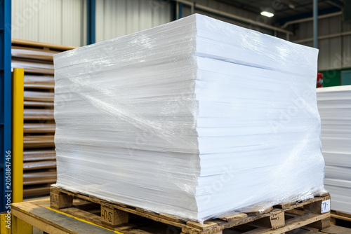 Large stack of white paper at warehouse on wooden pallet Generative AI