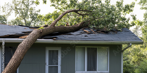 Tree falls on house after storm in suburban neighborhood Generative AI