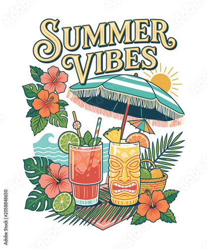 Summer Vibes Tropical Cocktail Beach Illustration with Tiki Bar and Floral Design