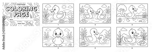 Foto A printable cartoon coloring sheet featuring a main cover panel and six separate numbered frames of cute ducks swimming, walking, and playing in a nature pond setting