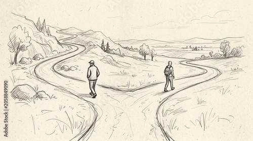 A conceptual hand drawn illustration showing a person standing at a fork in the road representing a difficult life choice or a major career decision